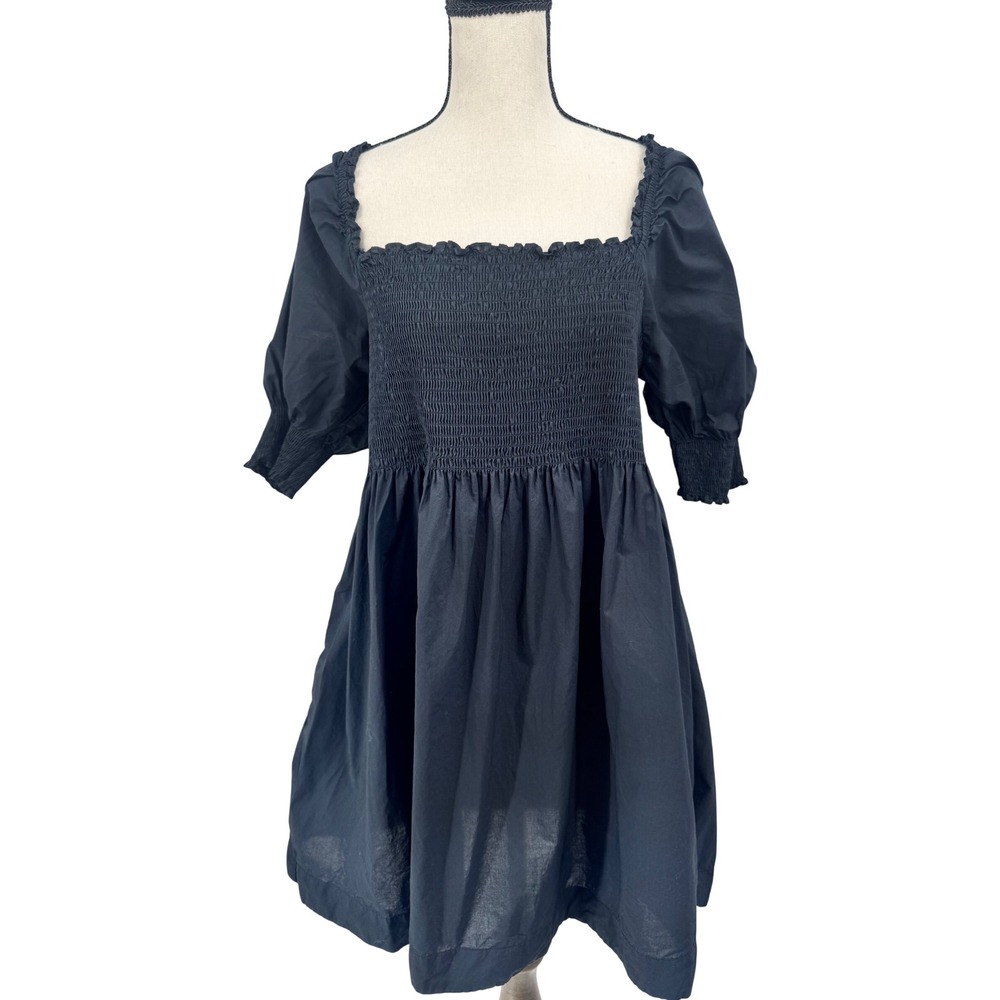 Hill‎ House Home Nap Dress Women XL Black Smocked Puff Sleeve Mini Dress